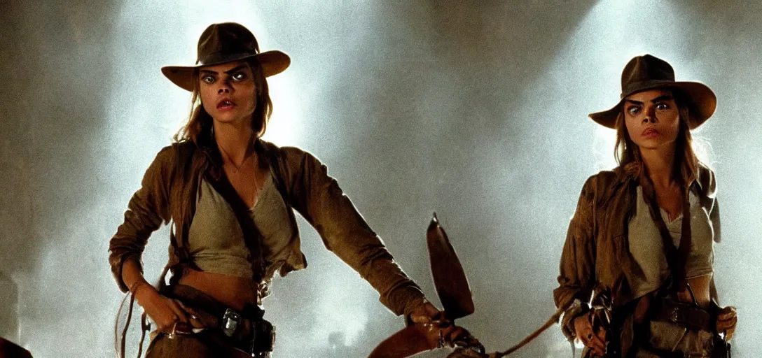 Image similar to still of cara delevingne as indiana jones in raiders of the lost ark ( 1 9 8 1 )