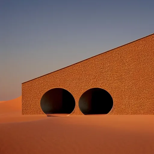 Image similar to A house designed by Norman Foster in the middle of the sahara desert. Film Grain, cinematic. Brown sand. Full color. Magic Hour.