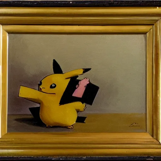 Prompt: Pikachu devouring his Pichu, an oil painting in the style of Francisco Goya