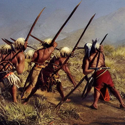 Image similar to war of natives with spears and rocks, realistic photo, nationnal geographic