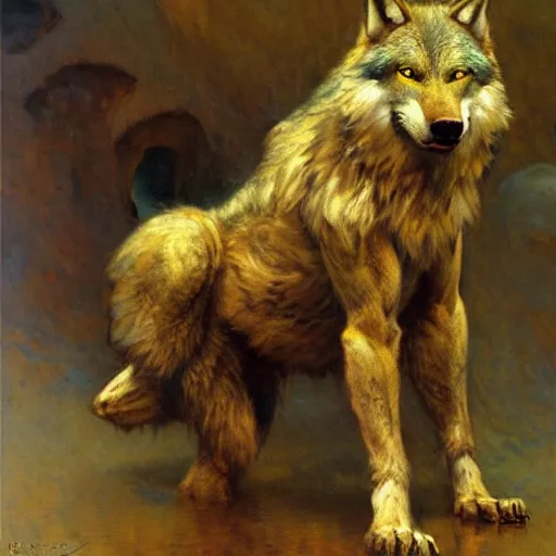 Image similar to a portrait of a furry wolf wearing clothes, hairy, furry body, furry arms, feet, tail. highly detailed painting by gaston bussiere, craig mullins, j. c. leyendecker, furry