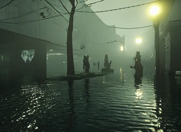 Image similar to dark, misty, foggy, flooded new york city street swamp in Destiny 2, liminal creepy, dark, dystopian, abandoned highly detailed 4k in-game destiny 2 screenshot leak datamine