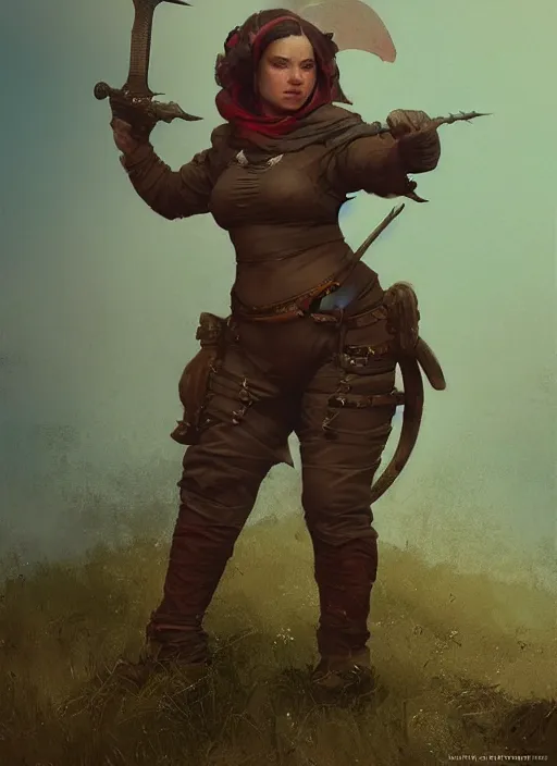 Image similar to hyper realistic photo of medieval chubby beautiful rogue hunter girl, full body, rule of thirds, conceptart, saturated colors, cinematic, greg rutkowski, brom, james gurney, mignola, craig mullins, artstation, cgsociety