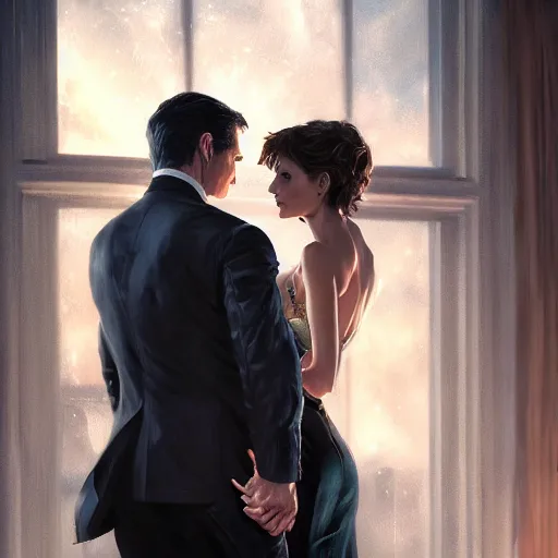 Image similar to daniel gerhartz and artgerm and wlop detailed portrait digital painting of a bruce wayne and selina kyle at a party in a mansion, mansion interior in the background, unreal engine, hyper realism, realistic shading, cinematic composition, blender render, octane render, hdr, detailed textures, photorealistic, 3 5 mm film