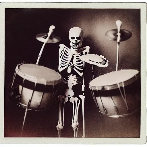 Image similar to skeleton drummer, wild, flash polaroid photo by george hurrell,