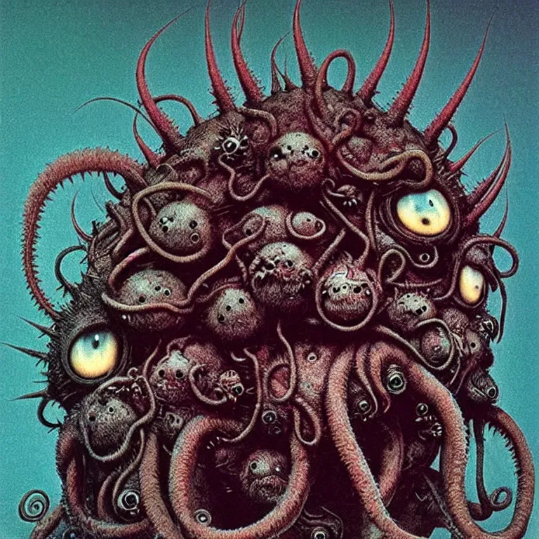 Prompt: photo of cute plush fluffy chibi monster with spikes, tentacles and many eyes. jpeg compression artifacts, strong compression artifacts. made by giger, wayne barlowe, dariusz zawadzki, zdzislaw beksinski