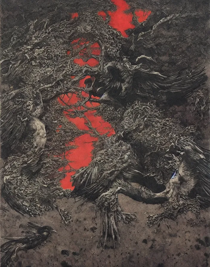 Image similar to ravens, high detailed beksinski painting, part by adrian ghenie and gerhard richter. art by takato yamamoto. masterpiece, dark and moody, deep colours