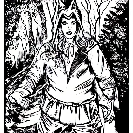 Prompt: little red riding hood illustrated in the style of arthur adams