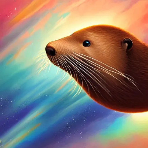 Prompt: an otter swimming through space, digital painting, detailed, full body, trending on art station, art by rhads, art by miyazaki