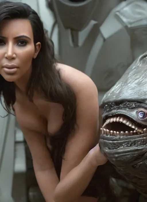Image similar to movie still of kim kardashian swallowed by alien face hugger, in the movie alien. cinematic full shot.