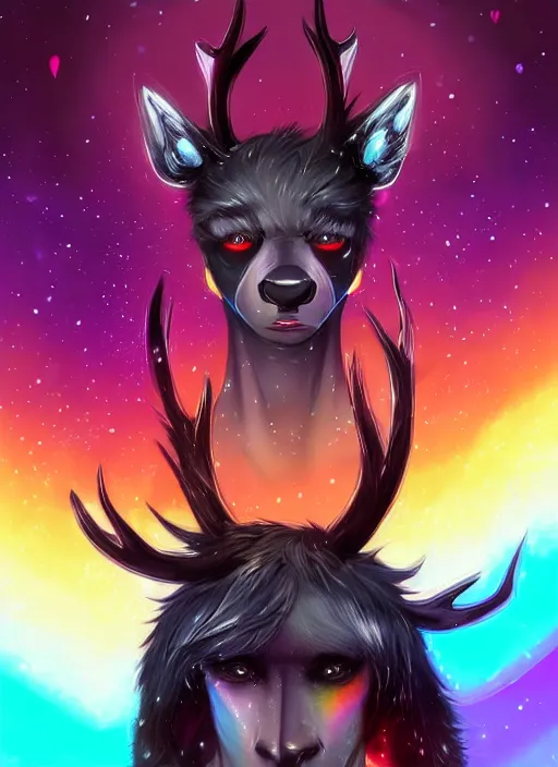 Image similar to award winning beautiful portrait commission of a male furry anthro Black Reindeer cyberpunk fursona with a tail, wings, wings, wings and a cute beautiful attractive detailed furry face wearing stylish black and rainbow galaxy clothes, outline, in a cyberpunk city at night while it rains. Character design by charlie bowater, ross tran, artgerm, and makoto shinkai, detailed, inked, western comic book art