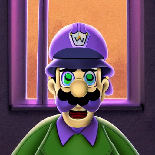 Image similar to Waluigi as a police officer pulling you over during the rain storm. Digital Art, Wario-cop partner is staring at you, sinister lighting