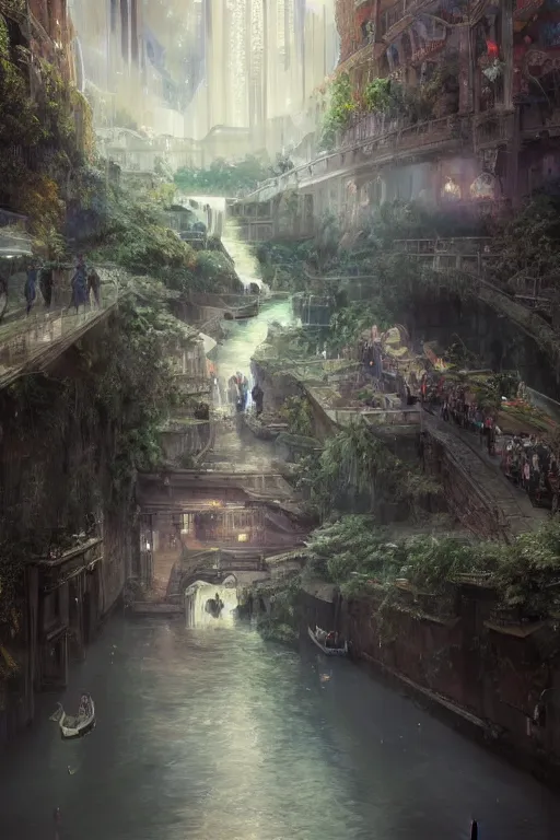 Image similar to An urban train rides inside of a waterway on a fantasy city, next to a fountain and a mystical palace,, waterfall, intricate, elegant, volumetric lighting, digital painting, highly detailed, artstation, sharp focus, illustration, concept art, ruan jia, steve mccurry