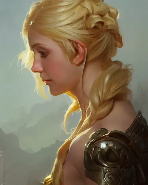 Image similar to '' Portrait of Beautiful blonde Slavic woman in her early 30’s, league of legends, LOL, fantasy, d&d, digital painting, artstation, concept art, sharp focus, illustration, art by greg rutkowski and alphonse mucha ''