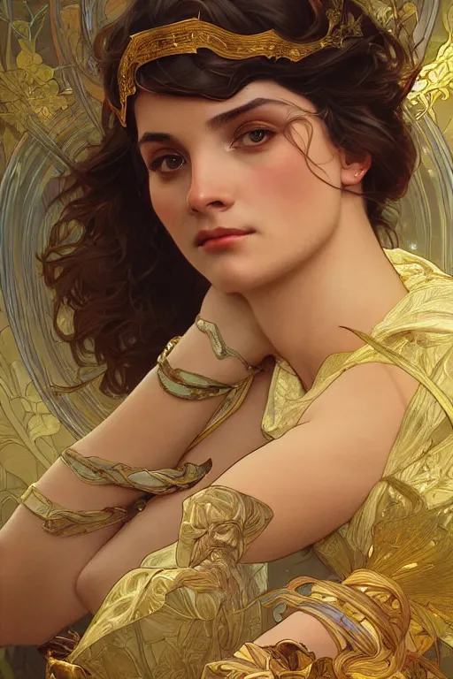 Prompt: close up portrait of goddes of laurel, digital illustration, dramatic lighting, by artgerm and greg rutkowski and alphonse mucha