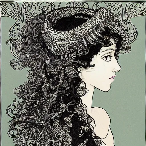 Prompt: filigree detailed illustration of a profile of gypsy girl with long curly hair and big goat horns on her head, aubrey beardsley, tomer hanuka, makoto shinkai