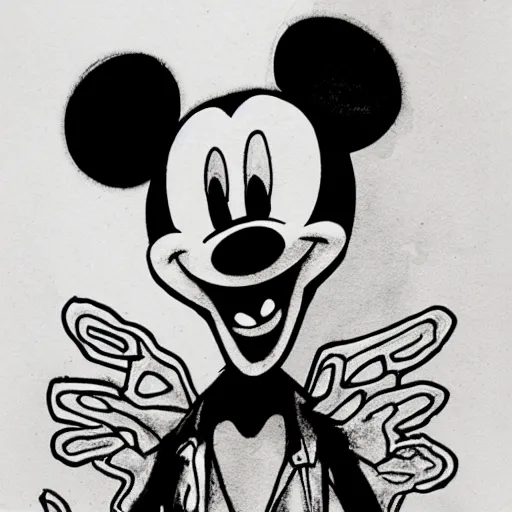 Image similar to grunge drawing of mickey mouse in the style of jack skellington