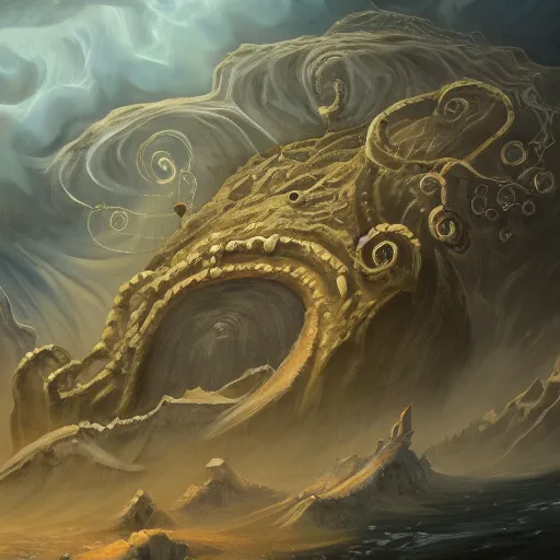 Prompt: a continent in the shape of a lovecraftian old god painting. oil on canvas. award winning. dramatic. trending on artstation 8 k