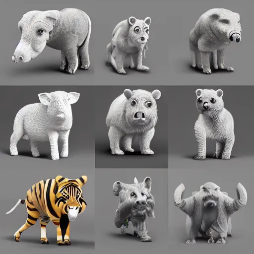 Prompt: cube animals, highly detailed, 3 d, unreal render, ultra quality, 3 d sheet, white background, sharp focus, isometric