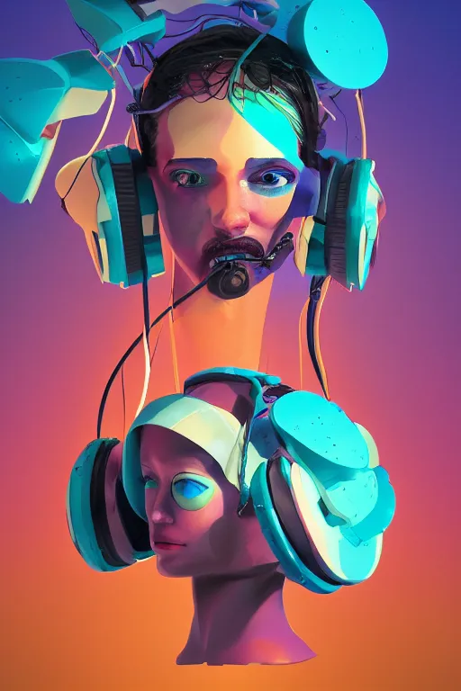 Prompt: epic 3 d abstract 🇵🇷 headset hacker, spinning hands and feet, 1 6 mm, plum and teal peanut butter melting smoothly into asymmetrical ficus and fig trees, thick wires looping, robot powered, floating monitors, houdini sidefx, trending on artstation, by jeremy mann, ilya kuvshinov, jamie hewlett and ayami kojima