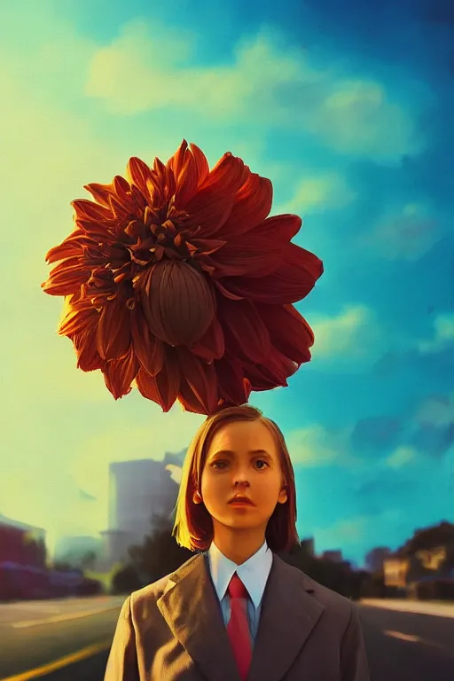 Image similar to closeup giant dahlia flower head, girl in a suit on a street, surreal photography, blue sky, sunrise, dramatic light, impressionist painting, digital painting, artstation, simon stalenhag