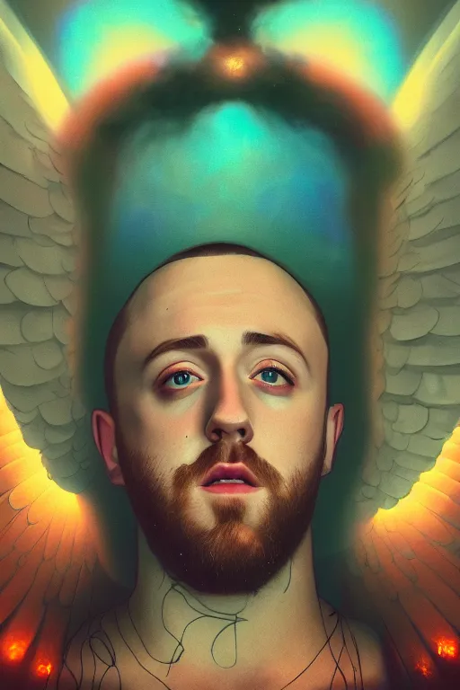 Prompt: The last portrait of Mac Miller, Heavenly, Hellish, Divinity, Hope, Ethereal, Symmetry, Atmospheric Lighting, artstation trending, good versus evil, ladders, angelic, the divine feminine, Pittsburg, Blue Slide Park, Most Dope, Rendered in Octane, trending on artstation, cgsociety, moody lighting rendered by octane engine, environment 8K artstation, cinematic lighting, intricate details, 4k detail post processing, hyperealistic, octane render, photo realism ultra detailed cinematic