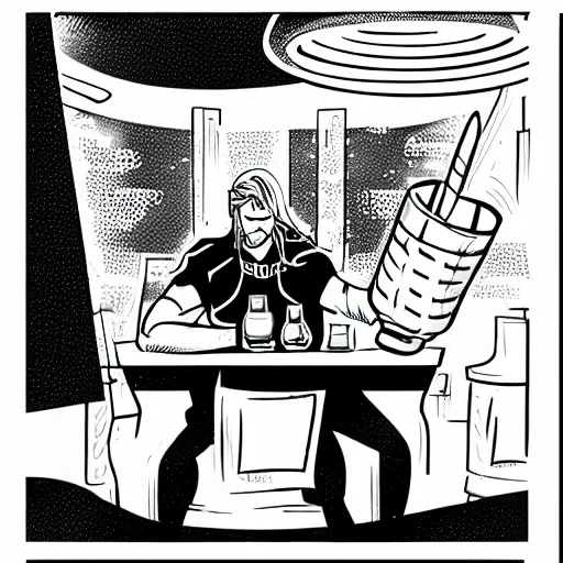 Prompt: lonely Thor drinking whiskey in a bar, graphic comic art style,