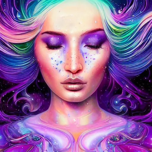 Image similar to a galaxy pink purple and blue colored psychedelic ethereal portrait of kim petras with her eyes closed transcending to a higher plane of existence, eternal blessing, multiverse, by android jones, by ben ridgeway, visionary art, by artgerm, featured on artstation, cgsociety, by greg rutkowski