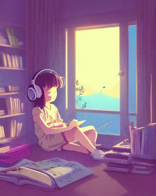 Image similar to detailed aesthetic lofi illustration of a girl listening to music studying in her messy room papers everywhere anime digital art award winning scenery cinematic scene sunset in japan by seerlight and studio ghibli subsurface scattering