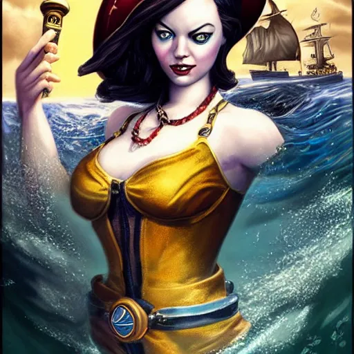 Image similar to underwater bioshock pirate captain portrait of emma stone, pixar style, by tristan eaton stanley artgerm and tom bagshaw.