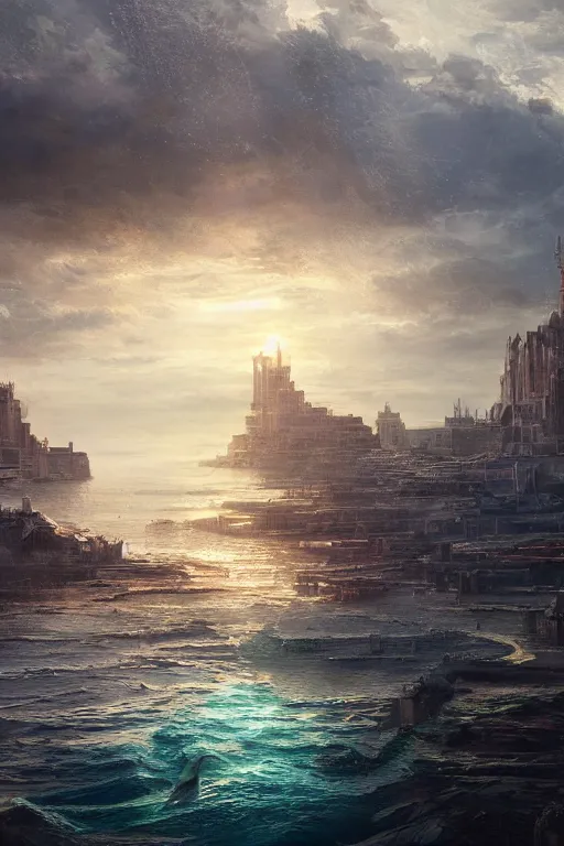 Image similar to magnificent view of the city of atlantis rising on the sea, intricate, elegant, volumetric lighting, digital painting, highly detailed, artstation, sharp focus, illustration, concept art, ruan jia, steve mccurry