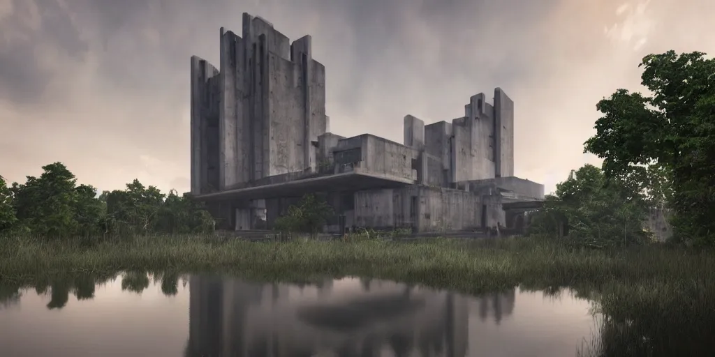 Image similar to an extremely detailed cathedral of brutalist architecture, surrounded by lush green forest, reflected in ponds of water, stunning volumetric lighting, sunset, rusted steel, smooth concrete, stunning skies, trending on Artstation, 8k, photorealistic, hyper detailed, unreal engine 5, IMAX quality, cinematic, epic lighting, in the style of Greg Rutkowski