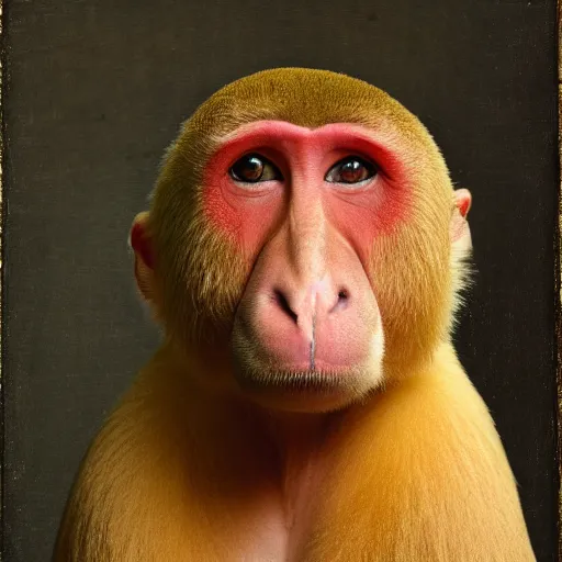 Image similar to Portrait of a Proboscis monkey, wearing a white wig, renaissance painting