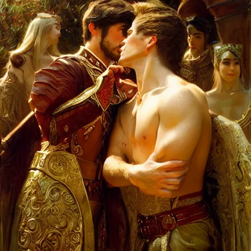 Image similar to attractive fully clothed king confesses his love for his attractive fully clothed male prince. highly detailed painting by gaston bussiere, craig mullins, j. c. leyendecker 8 k