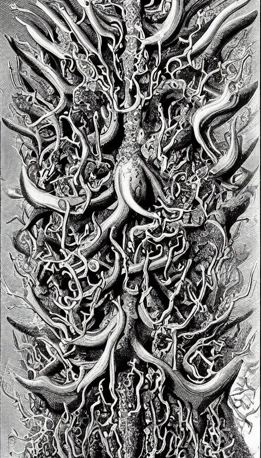Prompt: a storm vortex made of many demonic eyes and teeth, by ernst haeckel