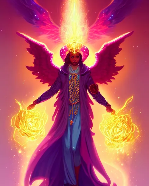 Image similar to a character portrait of only one male angel of justice with golden fiery wings, surrounded with spiriling sparkling rose crystals and galaxies, by peter mohrbacher, hyper light drifter, by ilya kuvshinov katsuhiro, jim burns, greg rutkowski, trending on artstation