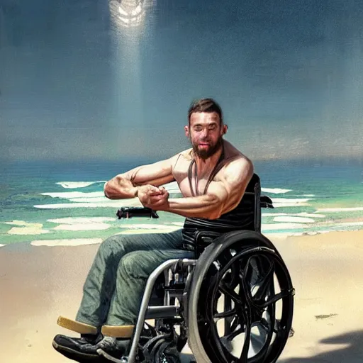 Image similar to handsome portrait of a wheelchair guy fitness posing, radiant light, caustics, war hero, smooth, one legged amputee, reflective ocean tropical, lush beach surroundings, by gaston bussiere, bayard wu, greg rutkowski, giger, maxim verehin