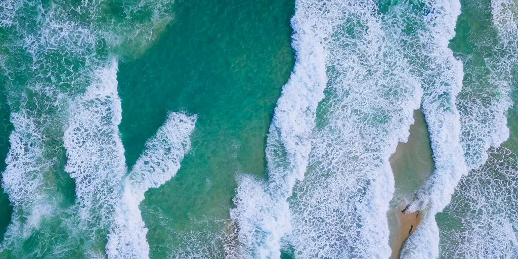 Prompt: seascape with seagulls on a sandy beach top view of sand and waves, aerial view