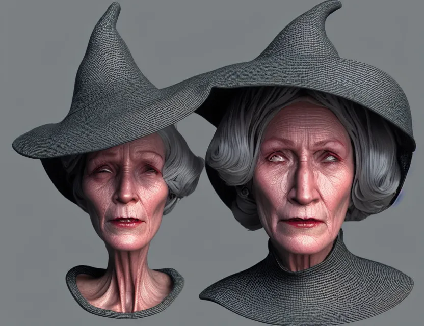 Prompt: cinematic bust portrait of robo face granny cyborg body, witch's hat on head, by jean giraud, 3 d, unreal engine