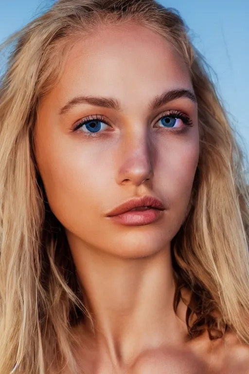 Image similar to head shot photo of a olive skinned blonde female model in her twenties, silky hair, wearing a designer top, looking content, photo realistic, extreme detail skin, natural beauty, no filter, slr, golden hour, 4 k, high definition, selfie