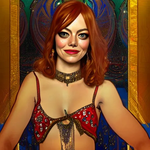 Image similar to a portrait of emma stone dressed as a belly dancer, arabian night, high quality, fully detailed, 4 k, in focus sharp face with fine details, realistic hand details and anatomy, inspired by belly dancer on youtube, alphonse mucha, masterpiece, stunning, artstation