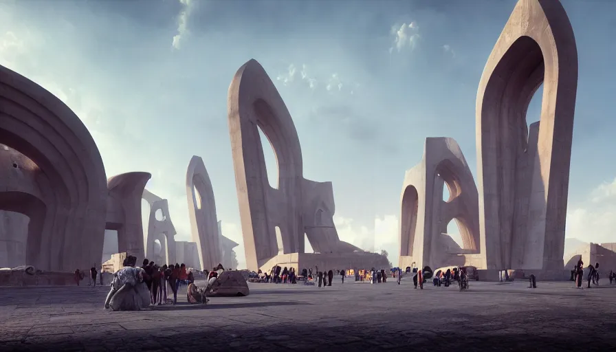 Image similar to monuments with greek motifs, by tim blandin and arthur haas and bruce pennington and john schoenherr, big windows architecture by zaha hadid, octane render, cinematic, scenery, cgsociety, modernism, futuristic, trending on artstation, sci - fi, high detail, high quality, close up angle, people walking