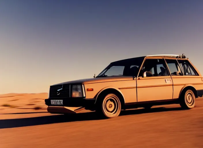 Image similar to a volvo 2 4 0 drivning high speed in the desert, sunset