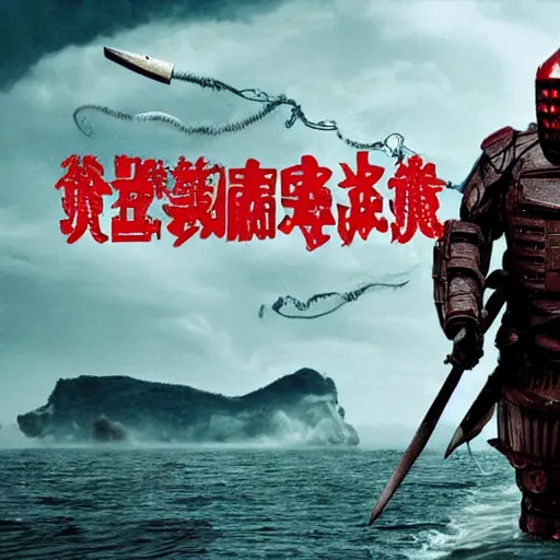 Image similar to an armored warrior with a sword drowns in a sea of red thread, movie poster