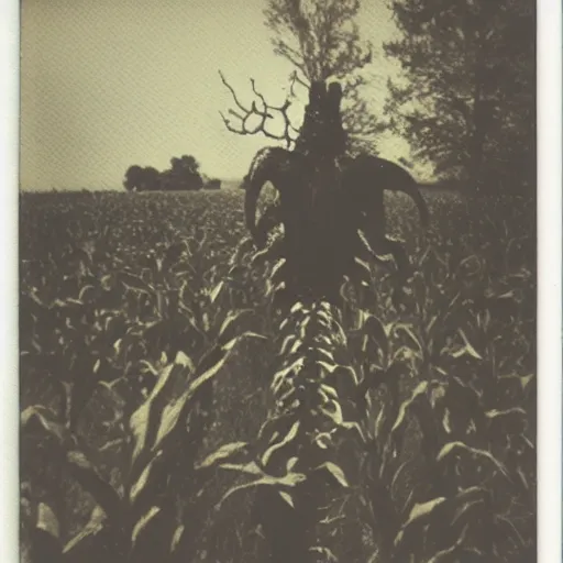 Image similar to an old polaroid of a creepy monster in a cornfield