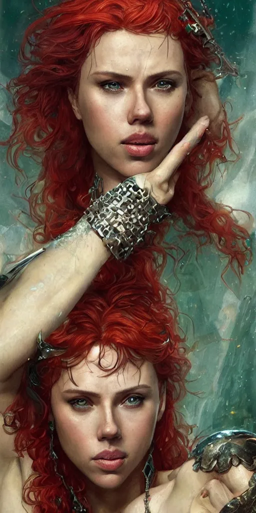 Image similar to epic masterpiece portrait of Red Sonja played by scarlett johansson, followed by head with many screaming faces, beautiful faces and flawless skin, perfect hands, emeralds by Edgar Maxence and Ross Tran and Michael Whelan