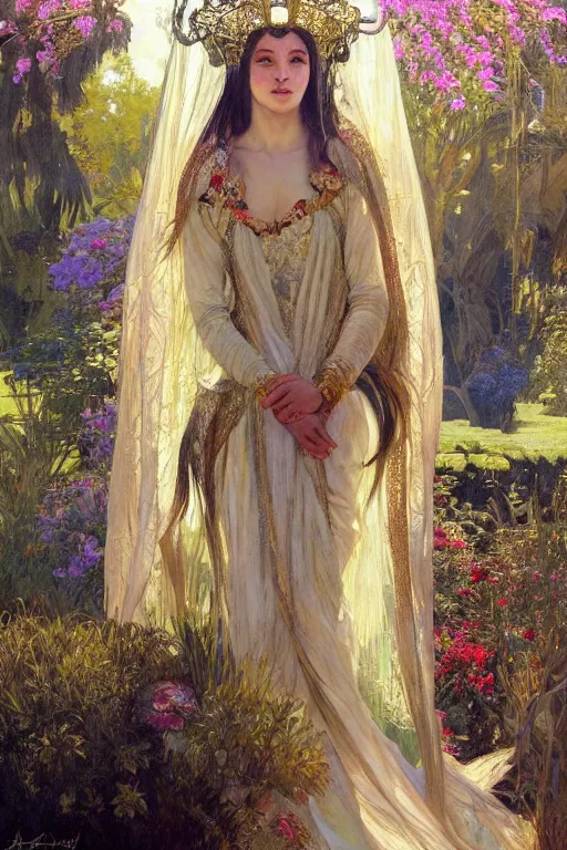 Image similar to hyperrealist portrait of a girl emperorit is decorated with long robes that fall like stars, an ostentatious palace and garden are seen in the background. by jeremy mann and alphonse mucha, fantasy art, photo realistic, dynamic lighting, artstation, poster, volumetric lighting, very detailed faces, 4 k, award winning