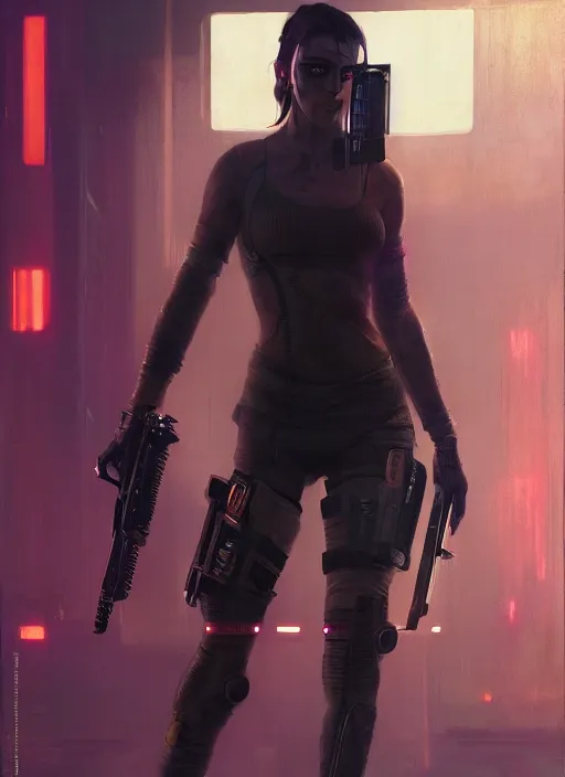 Prompt: Chell. Cyberpunk assassin in tactical gear. blade runner 2049 concept painting. Epic painting by Craig Mullins and Alphonso Mucha. ArtstationHQ. painting with Vivid color. (rb6s, Cyberpunk 2077, matrix)