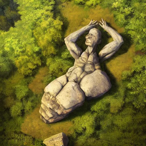 Prompt: Airborne overhead view of ancient unbelievably huge body of a fallen stone titan lying prone within a lush valley, Greg Rutkowski WLOP, dramatic lighting, view for miles, lens flare, perspective, landscape, beautiful lighting,