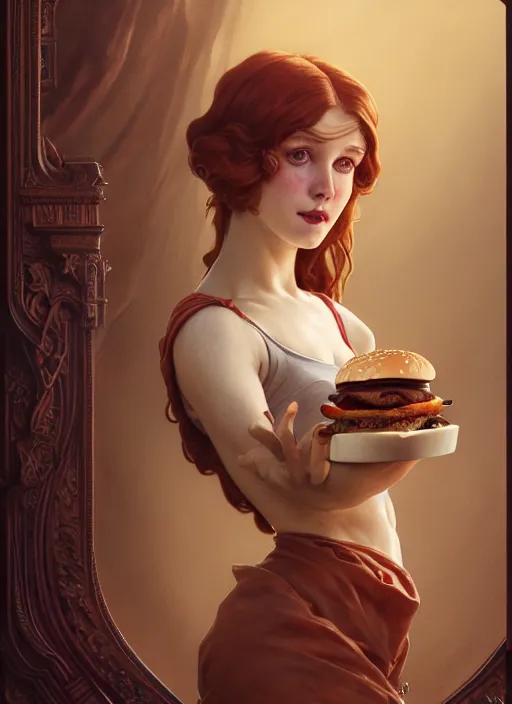 Image similar to close up portrait of wendy thomas, pale young woman with freckles, baroque hamburgers, fast food imagery by artgerm, cushart krenz, greg rutkowski, mucha. art nouveau. gloomhaven, golden arches logo, pale colors, sharp edges. ultra clear detailed. 8 k. elegant, intricate, octane render